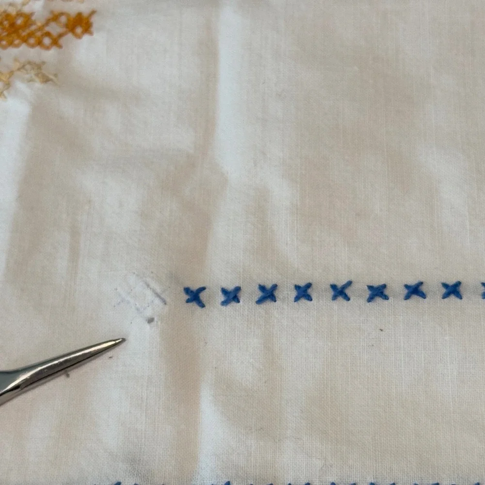 Vtg‎ Hand Embroidered Floral Cross Stitch Table Runner Blue Crochet Edge 40x13